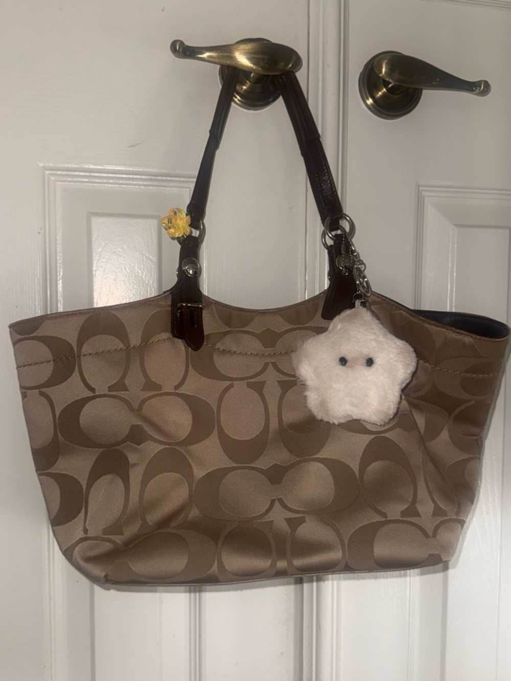 Coach Brown Signature Tote with Dark Brown Handles and Plush Charm